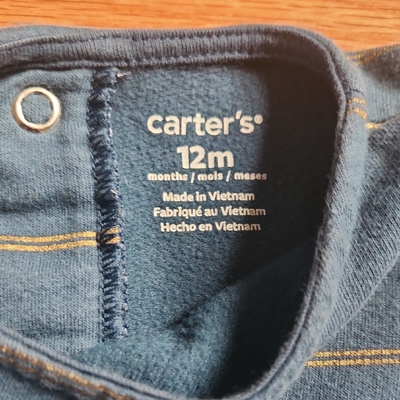 Carter's Blue With Golden Striped Pleated Dress with Puff Long Sleeves 12 Months - Picture 3 of 17